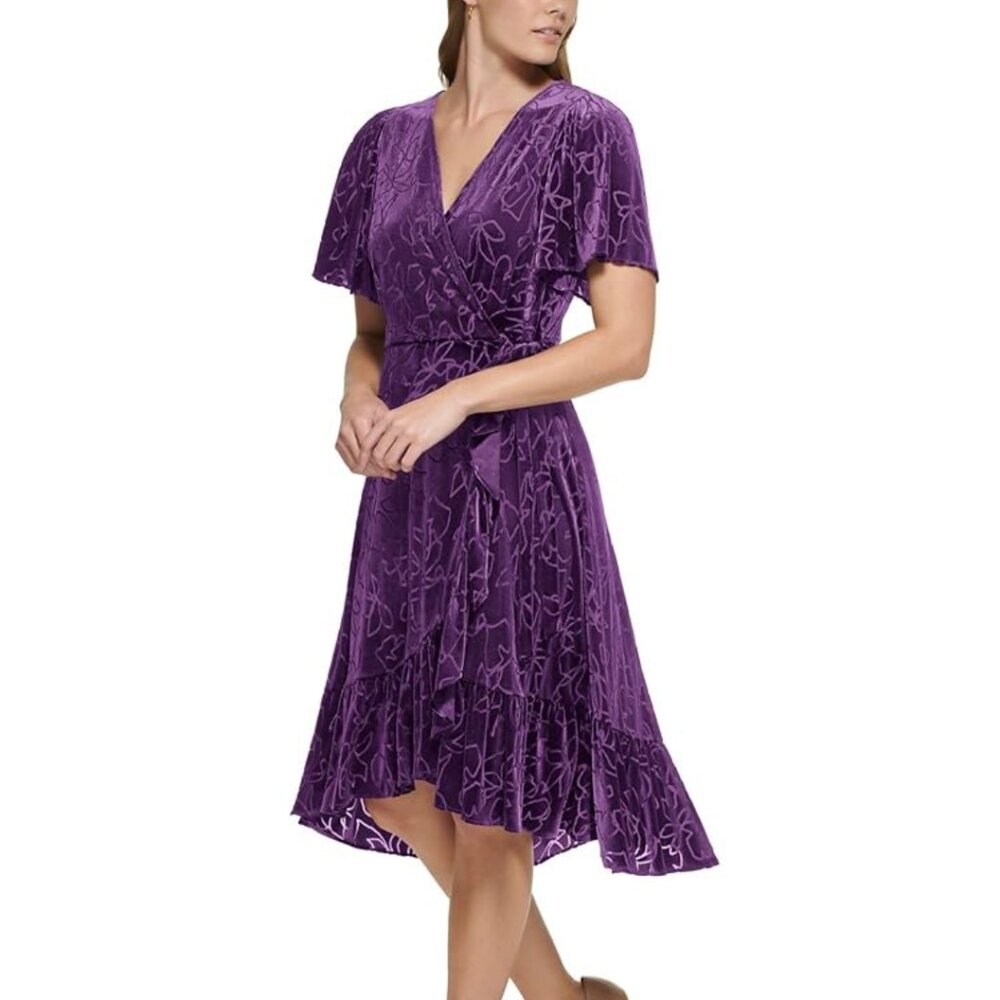 Calvin Klein Women's Size 6 Burnout Velvet Floral Faux Wrap Ruffle Hem Dress